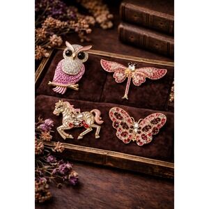 Pink Crystal Brooch Collection 4 piece Set – Owl, Butterfly, Dragonfly & Horse